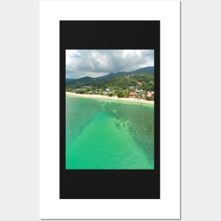 Aerial panoramic view of ocean, beach and blue cloudy sky Posters and Art